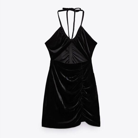 Zara Velvet Mini Dress Black Cutout Halter Going Out Party Size XS NWT - Picture 1 of 8